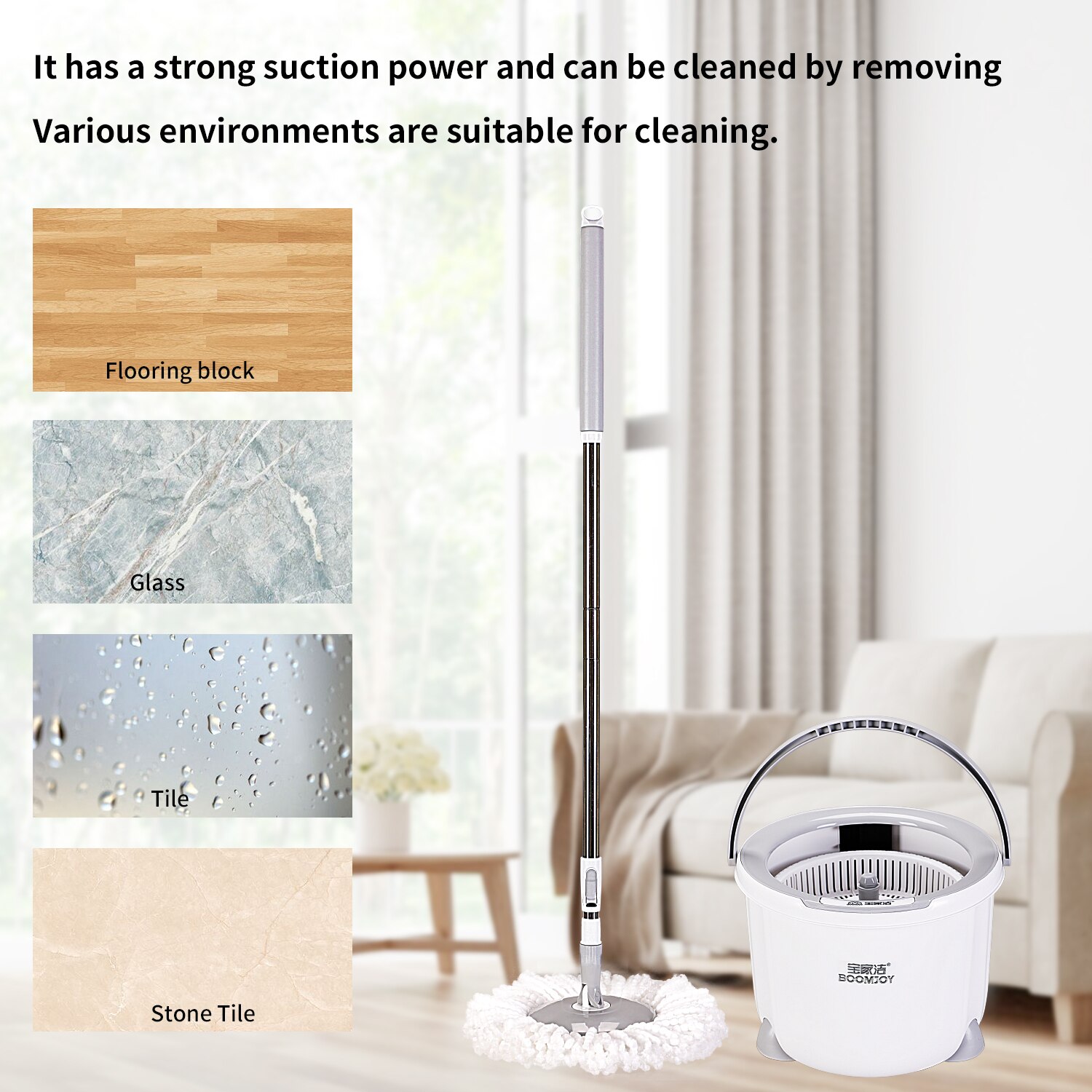 Boomjoy Mop Met Emmer 360 Spin Verstelbare Vloer Mop Met Verlengde Handvat Microfiber 2 Mop Pads Voor Hardhout Floor Cleaning