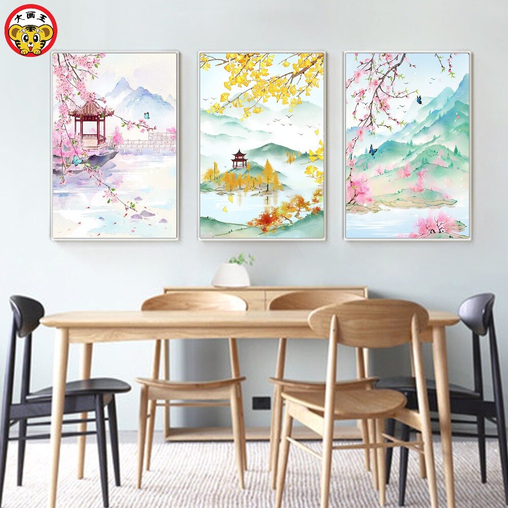 painting by numbers art paint by number Chinese ancient city tower peach landscape costume paintings by numbers on canvas oil