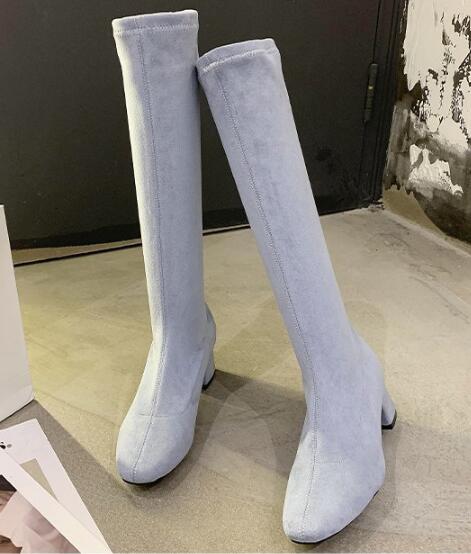 Kvinner lange støvler vårstøvler botas kvinnelige stretch flock slanke støvler sko kvinne svart grå beige roma knehøye støvler