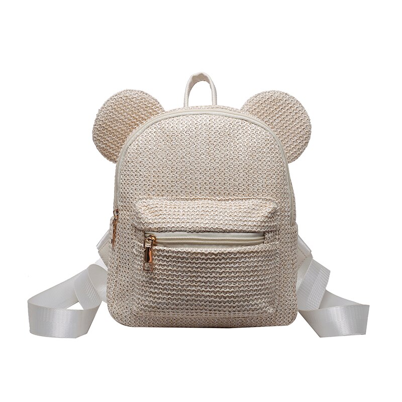 Bear Ears Plush Female Backpack Faux Fur Shoulders Bag Cute Furry Women Bag Winter Bags For Women 2022 Mini Girl Backpacks: Beige Straw Backpack