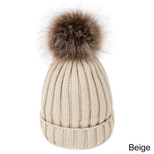 Evrfelan Bommel Wolle Winter Hütte Frauen Gestrickte Dicke Mütze Hüte für Damen Warme Schädeldecke Beanies Mädchen Motorhaube Gorro: Beige