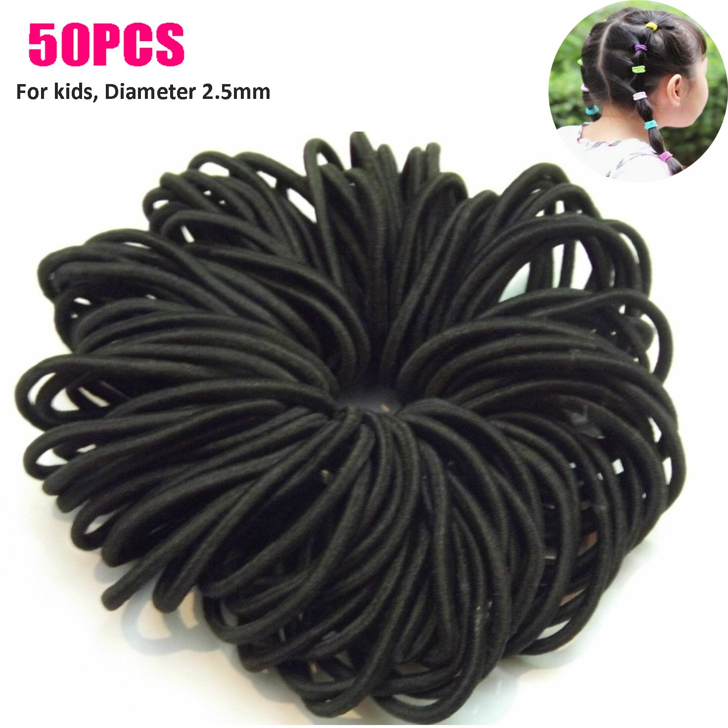 50 Stuks Zwarte Haarbanden Voor Vrouwen Meisjes Stap Size Haar Elastische Elastiekjes Basic Haar Banden Touw Paardenstaart Houder haarbanden Dikke: 2.5mm 50PCS