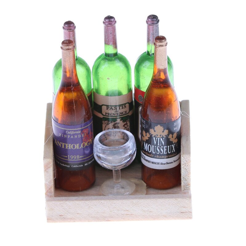 1einstellen Miniatur Wein Saft Flaschen Tasse Holz Gestell 1:12 Puppenhaus Trinken Modell Küche Möbel Spielzeug