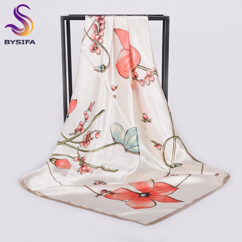 [Bysifa] Herfst Winter Dames Sjaals Accessoires Vrouwen Grote Zijde Vierkante Sjaals Wijn Rood Paisley Moslim Islamitische sjaal: beige red floral
