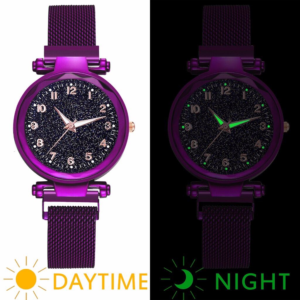 Vrouwen Magneet Gesp Sterrenhemel Lichtgevende Horloge Luxe Dames Rvs Quartz Horloge Relogio Feminino: purple