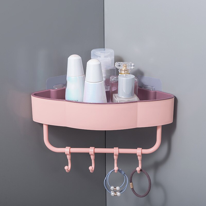 1pc gratis stansvägg hörn duschhylla med krok badrumshylla schampo duschhylla hållare kök förvaringsställ arrangör: Rosa