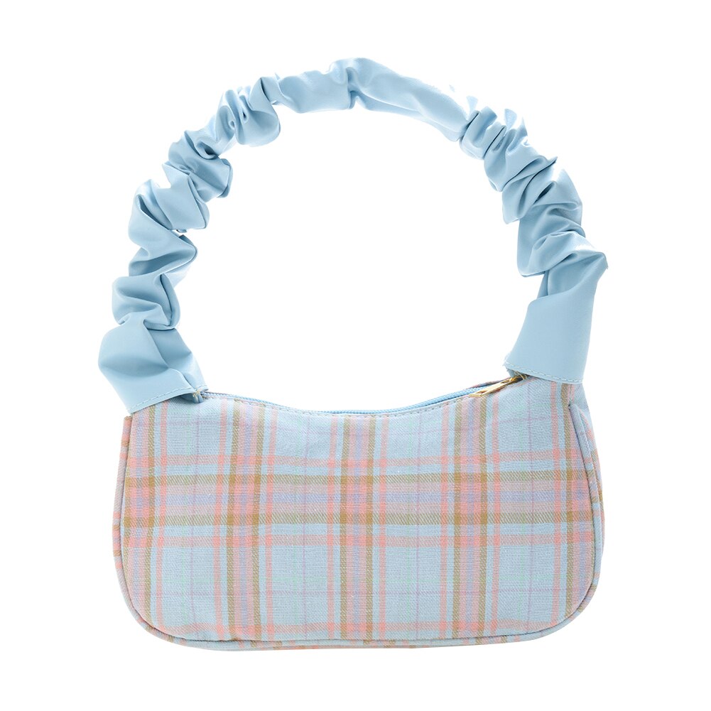 Simple Bear Plaid Printed Pleated Handbags for Women Casual Canvas Armpit Bags Female Small Underarm Shoulder Bags: Blue Plaid