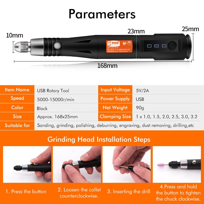 3 Speeds Adjustable Electric Grinder Mini Drill Rotary Tools Grinding Machine USB Engraving Pen with Drill Bits Tools 15000rpm