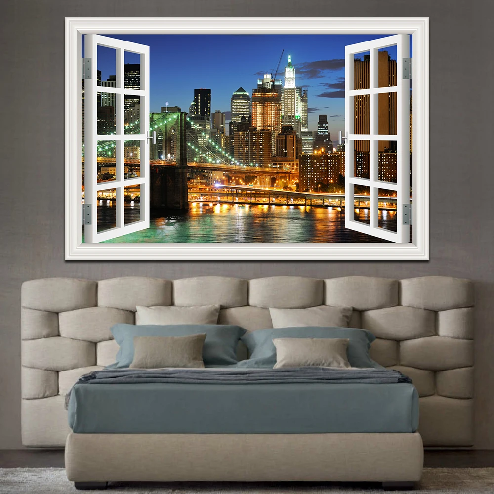 3D Window View wall Sticker York Brooklyn Removable Night Wall Art Wallpaper Kitchen Room decor aesthetic poster prints