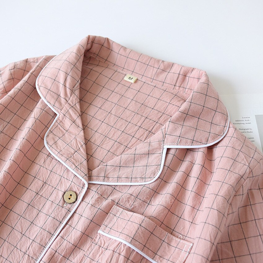 2022 Summer Womens Pajamas Japanese and Korea Style Plaid Sleepwear Short-Sleeve Cotton Printed Pajamas for Female Sleepwear Set