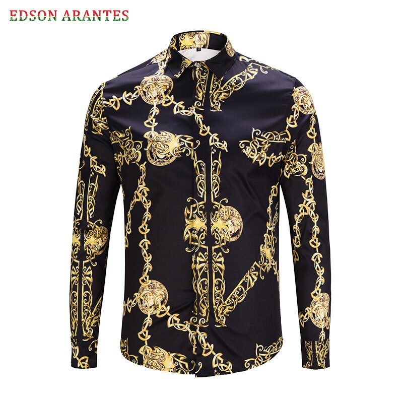 EDSON ARANTES-camisas de para hombre, ropa Masculina de barroca con estampado de cadena dorada 3d de lujo, de manga larga, ajustada, Noble