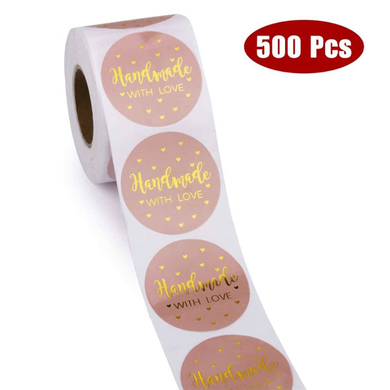500Pcs/Roll Handgemaakt Met Liefde Stickers Met Goud Folie Ronde Seal Labels Handgemaakte Scrapbooking