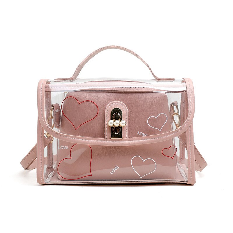 Women PVC Transparent Handbag See-through Beach Bag Clear Jelly Purse Clutch Tote PU Leather Handbag Messenger Bag: Pink