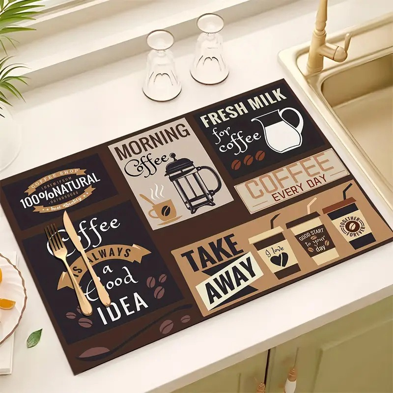 Kreative Küchen-Trockenmatte mit Kaffeedruck, weiches Gummi, rutschfest, saugfähig, schmutzabweisend, Matten für Kaffeebar, Arbeitsplatten, Geschirrmatte: L / Beige