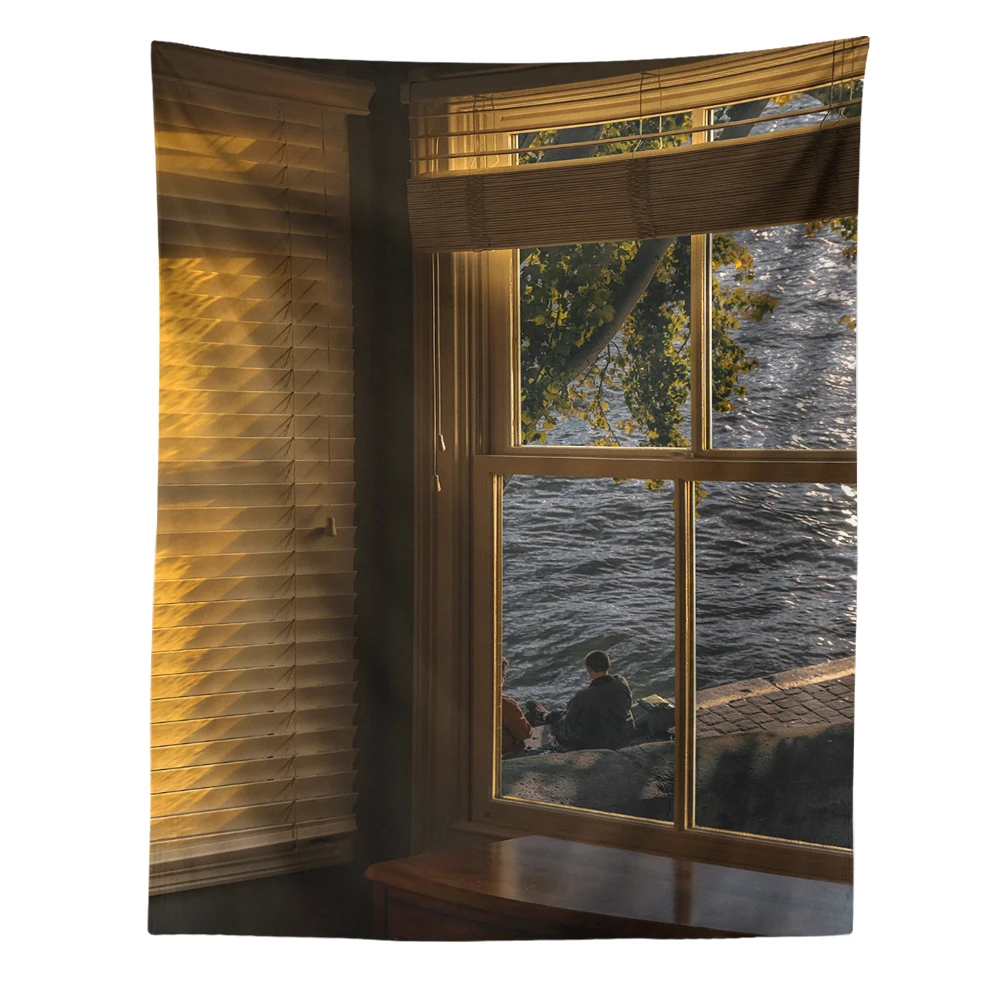 Tapiz de paisaje de ventana para colgar en la pared, decoración Vintage para habitación de niña, arte bohemio, estética, dormitorio, Sábana de colchón de Yoga: 1.900 mm × 1.250 mm / Chocolate