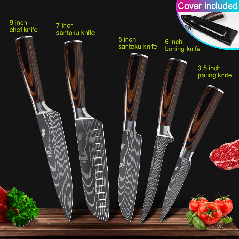 Köksknivar set kockknivar rostfritt stål imitation damaskus mönster santoku klyv skärning verktygsknivar: 5 st set c