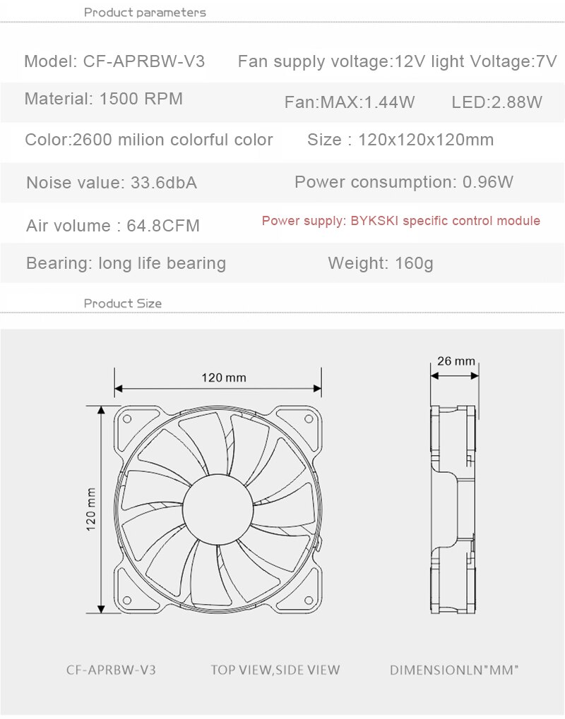 Bykski vannkjøling radiatorvifte datamaskin pc vifte 120mm ledet lys 5v rgw kontroller kjøleribbe kjøler støtte justere hastighet