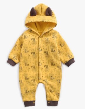 Toddler Autumn Wear Cute Yellow Fleeces Hooded Long-Sleeves Jumpsuits with Cartoon Lion Printing for Baby Boy 0-2 Years