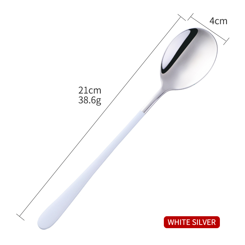 1PCS Korea Spoon Stainless Steel Soup Spoon Long Handle Gold Dessert Spoons Round Dinner Spoon Set Tableware Set: White Silver