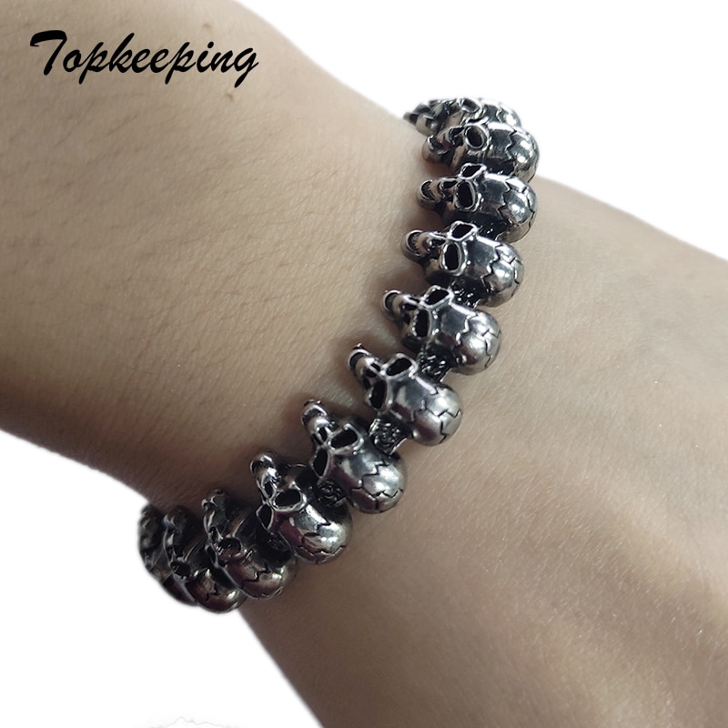 Braccialetti a forma di teschio lungo punk per uomo braccialetti a catena a maglie con ciondolo a forma di teschio lucido in acciaio inossidabile gioielli gotici maschili 2019