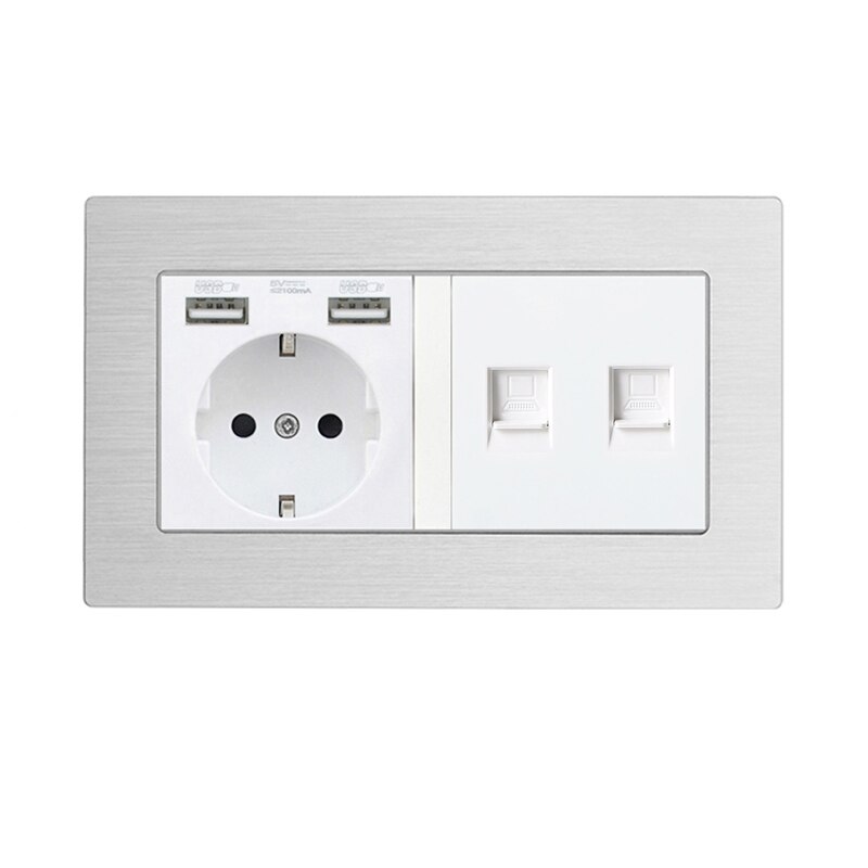 Atlectric DE EU RU Plug Wall Socket With LED Indicator Dual USB, RJ45, TV Port Double Socket Power Outlet Metal Panel 146mm*86mm: 1Socket Double Rj45