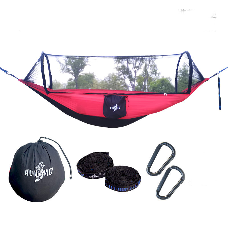 Automatic Quick-opening Mosquito Net Hammock Outdoor Camping Pole Hammock swing Anti-rollover Nylon Rocking Chair 270x140cm: Red