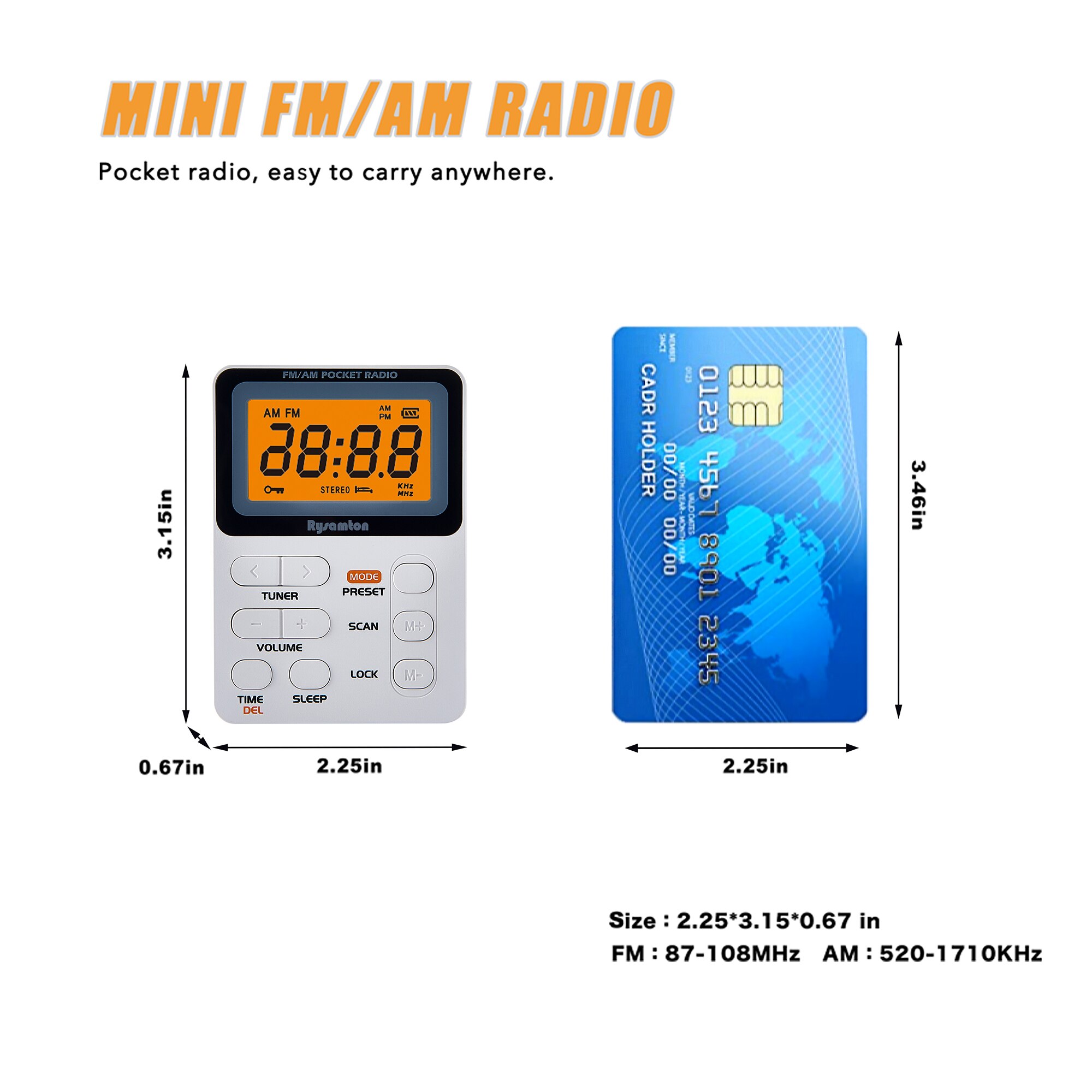 Rysamton-Radio portátil AM/FM, dispositivo de bolsillo con batería recargable, mejor recepción, pantallas digitales grandes, auriculares incluidos