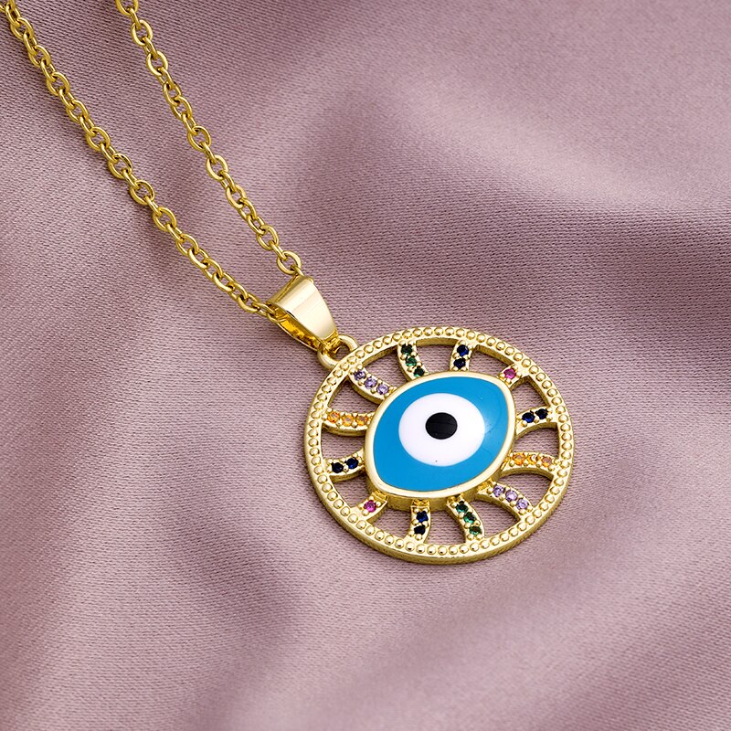 Evil Eye Pendant Necklaces Stianless Steel Chain Gold Color Turkish Girls Women Blue Devil Eye Jewelry: Blue B / 60cm