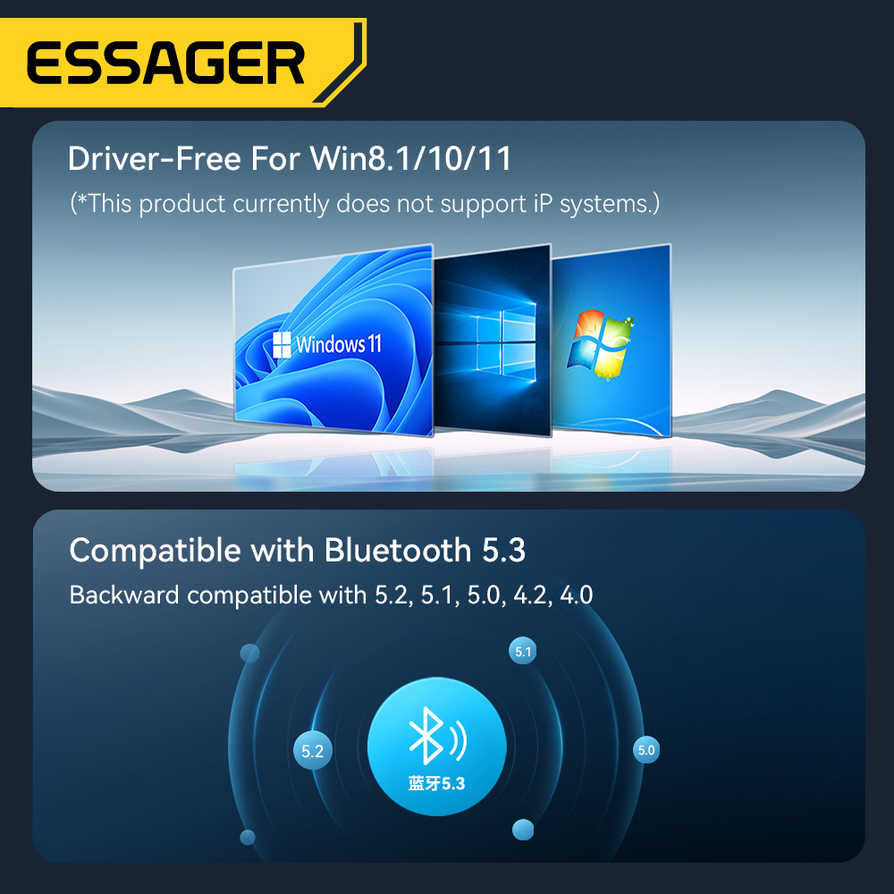 Essager USB Bluetooth 5.3 Adapter Aux Audio Odbiornik Nadajnik Do PC Głośnik Laptop Soundbox Bezprzewodowa mysz Nadajnik USB