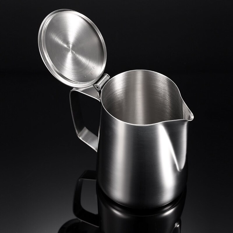Tetera de leche de acero inoxidable, cafetera con tapa, perfecta para máquina de espresso, espuma y latte art