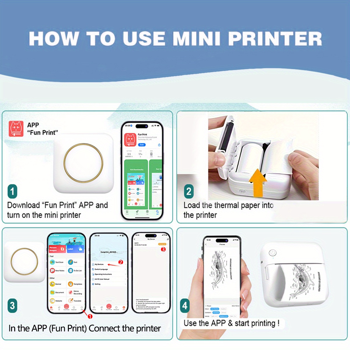 Portable Mini Photo Printer for iPhone/Android - Compact Thermal Printing Device with 1200mAh Battery, Monochrome Prints