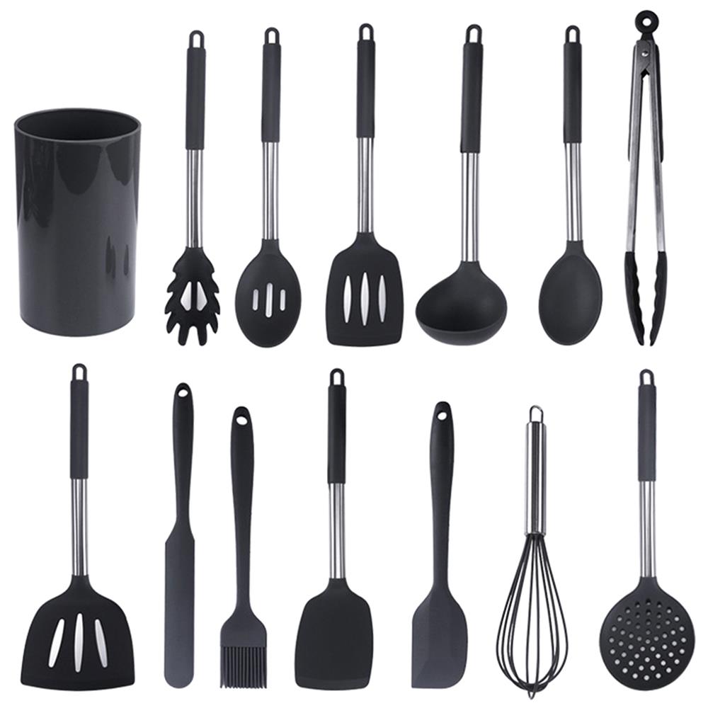 Práctico pala de fugas, cuchara roja de alimentaria, cuchara batidora de huevos, juego de utensilios de cocina negro 14 uds, utensilios de cocina de alta resistencia a la temperatura: black 5pcs