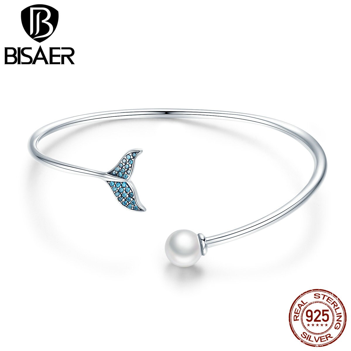 BISAER 925 Sterling Silver Blue CZ Mermaid Fishtail en Parel Armband voor Meisje Mode-sieraden Mode GXB123