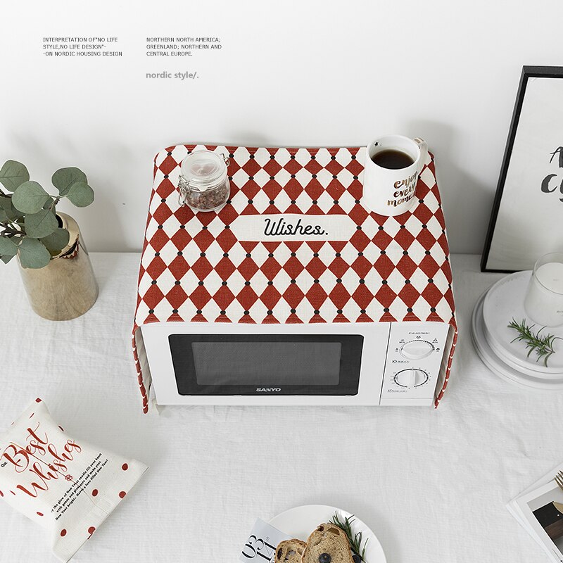 Nordisk stil rød geometrisk gitter mikrobølgeovn støv dækker ovnskjold klud kunst landlig stil med butik indhold pose
