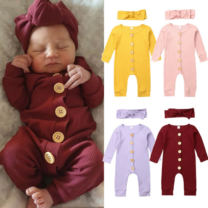 2 Stuks Pasgeboren Baby Gebreide Solid Jumpsuit Meisje Jongen Kleding Lange Mouw Herfst Romper Lange Mouw Hoofdband Outfit Kleding