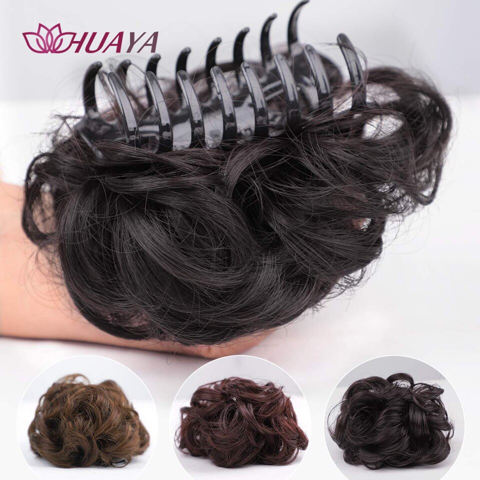 Moño de pelo sintético para mujer, moño desordenado, extensiones de cabello Updo despejadas con Clip de garra, horquillas rizadas, negro y marrón