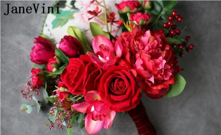 JaneVini Chinese Style Bridal Fan Handmade Red Rose Bride Wedding Bouquet Artificial Catwalk Holding Flowers Round Palace Fans
