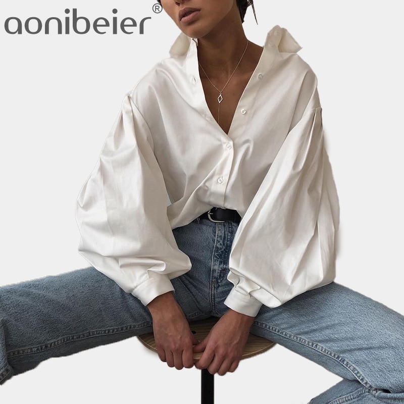 Aonibeier Lady Shirt Exaggerated Lantern Sleeve Button Front Women Casual Blouses Spring Autumn Loose White Shirts Tops