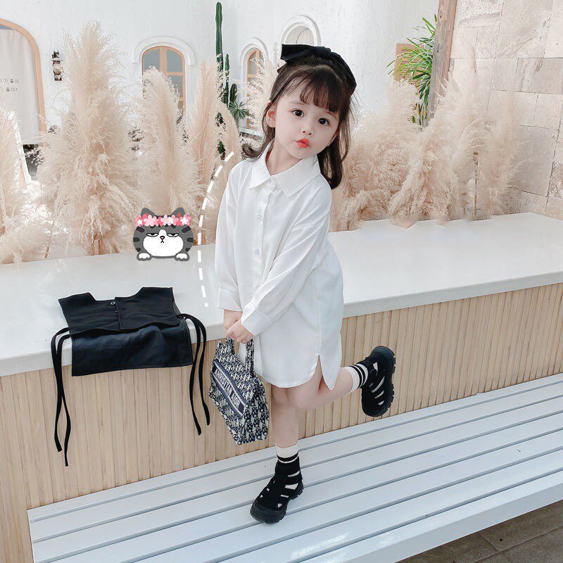 Ensemble chemisier blanc + gilet noir pour filles, vêtements de printemps et d&#39;automne, en coton, manches longues, Style collégien, laçage latéral, chemises pour filles