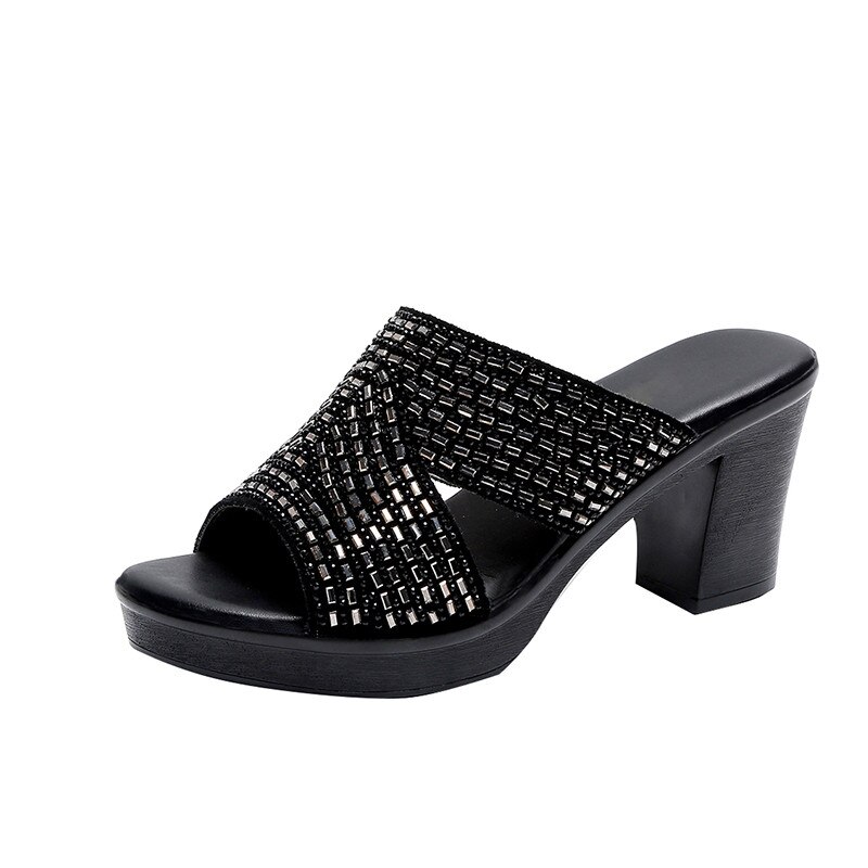 Asumer 8 Cm Hoge Hakken Slipper Vrouwen Platform Schoenen Kristal Elegante Zomer Casual Party Schoenen Dames Slipper: Black / 8