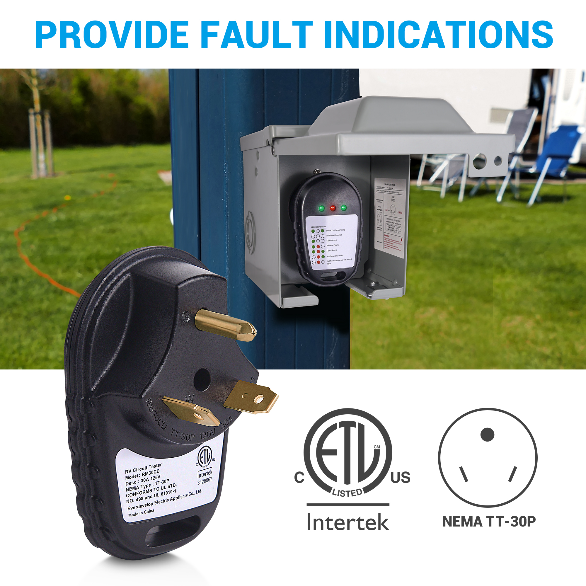 Mictuning 30Amp Rv Circuit Tester Nema TT-30P Rv Power Voetstuk Tester Bakje Analyzer Met Led Licht Indicator Voor Camper