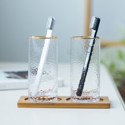 Gold Rim Bathroom Tumblers Toothbrush Holder Cup Transparent Glass Couple Brushing Cup Hotel Home Supplies Multi-function: 2straight cup andpad