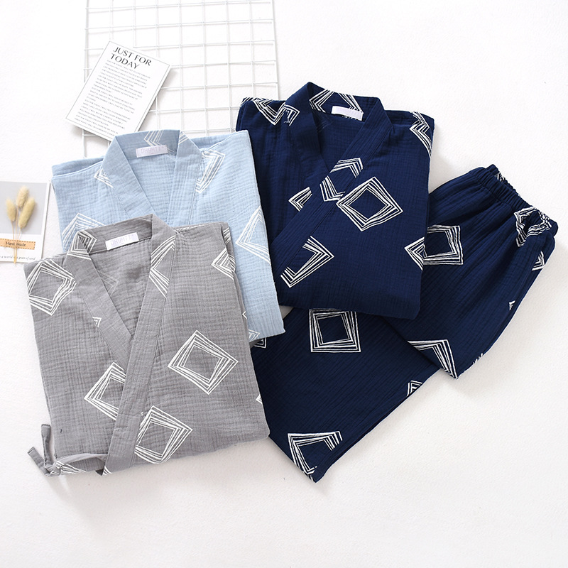 Geometrische aufbringen Herren Kimono Schlafanzug Anzug Haut-freundliche Baumwolle Krepp Japanischen Lange ärmeln Hosen Männer Leben Kleidung Nachtwäsche