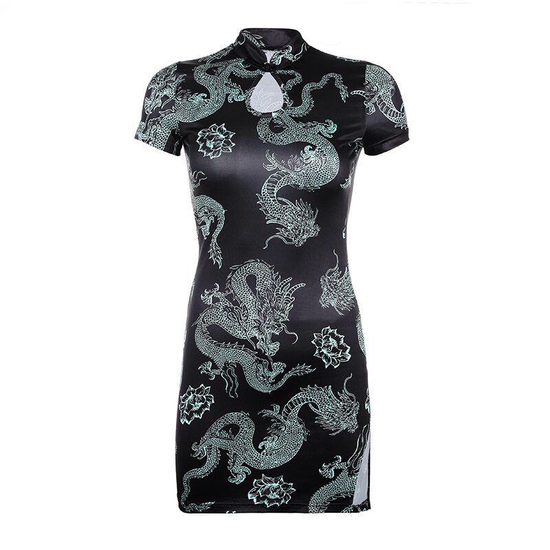 Weekeep Chinese Style Dragon Print Mini Split Dress Summer Cut Out Short Sleeve Bodycon Dresses Party Streetwear Clothes
