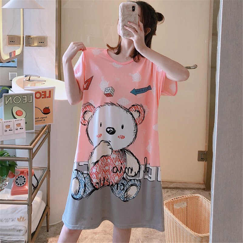 Women Nightdress Cartoon Female Loose Short Sleeve Sleepdress for Ladies Plus Size Summer Casual O-neck Homewear: Shrimp powder 2