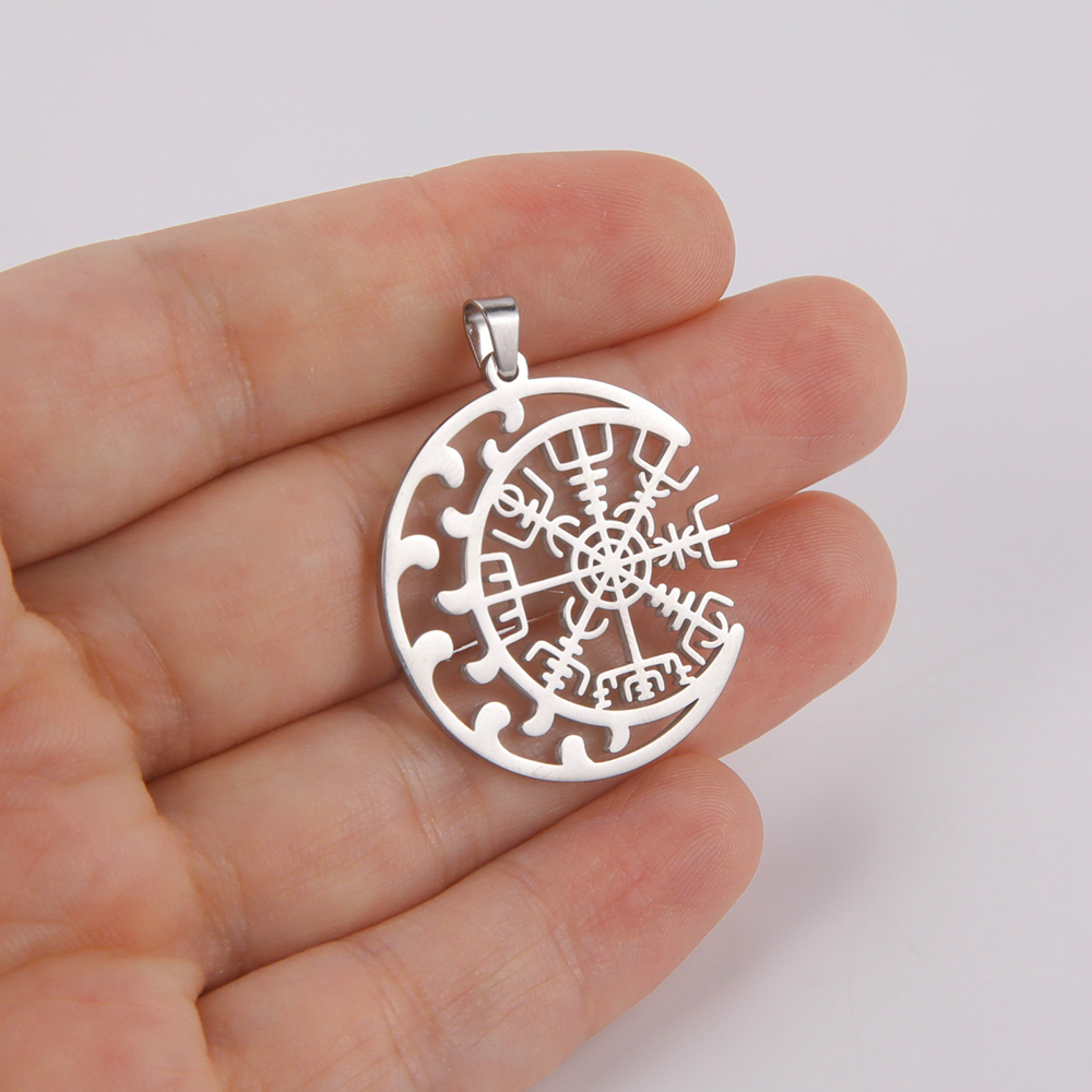 Dawapara Viking Compass Vegvisir Pendant Crescent Amulet Runes Circle Stainless Steel Charms for Jewelry Making Nordic: Imitation Rhodium Plated