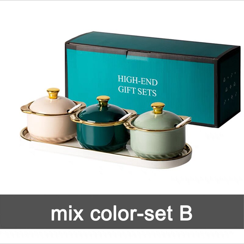 Cuenco de cerámica con tapas y cuchara para azúcar, juego de frascos de especias para condimentos de lujo, contenedor de almacenamiento de azúcar para Cocina: mix color set B