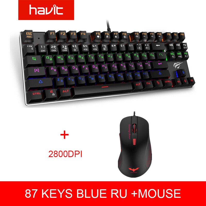 HAVIT Mechanical Keyboard 87 / 104 Keys Blue / Red Switch Wired USB Gaming Keyboard Backlight RU/US Keyboard For Desktop Laptop: 435 Blue RU 745