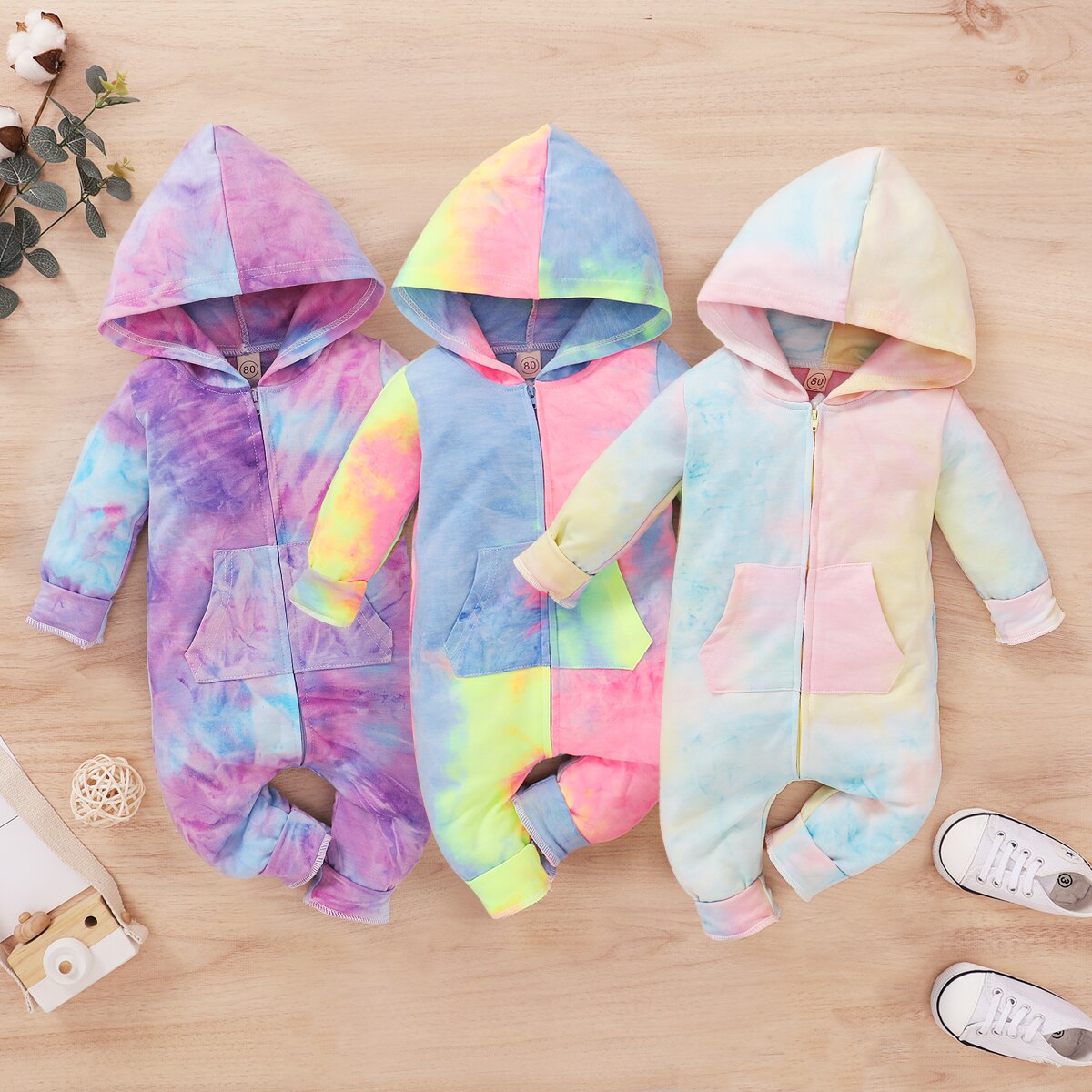 Mise au point 0-18M cravate-teinture imprimé bébé filles garçons barboteuses fermeture éclair manches longues à capuche automne combinaisons 3 couleurs