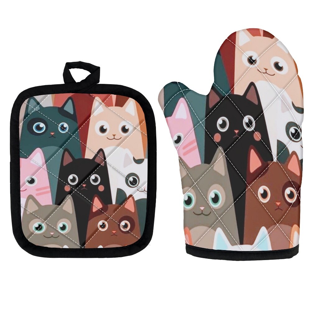 High Heat Protect Gloves Cute Cartoon Cat Print Polyester Microwave Oven BBQ Mitt Potholder Kitchen Mittens and Pad for Cooking: ZXP111D19